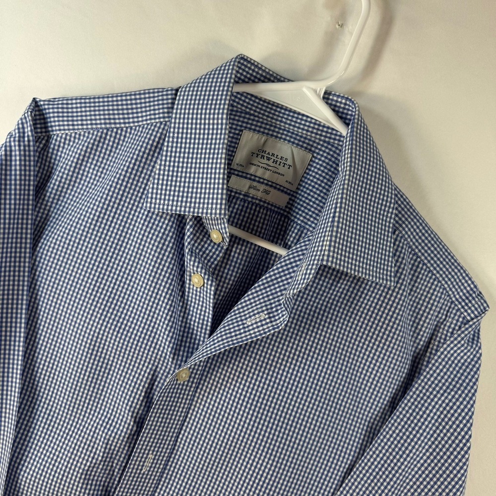 Charles Tyrwhitt Slim Fit Gingham Dress Shirt Blue White 16/35in French Cuff